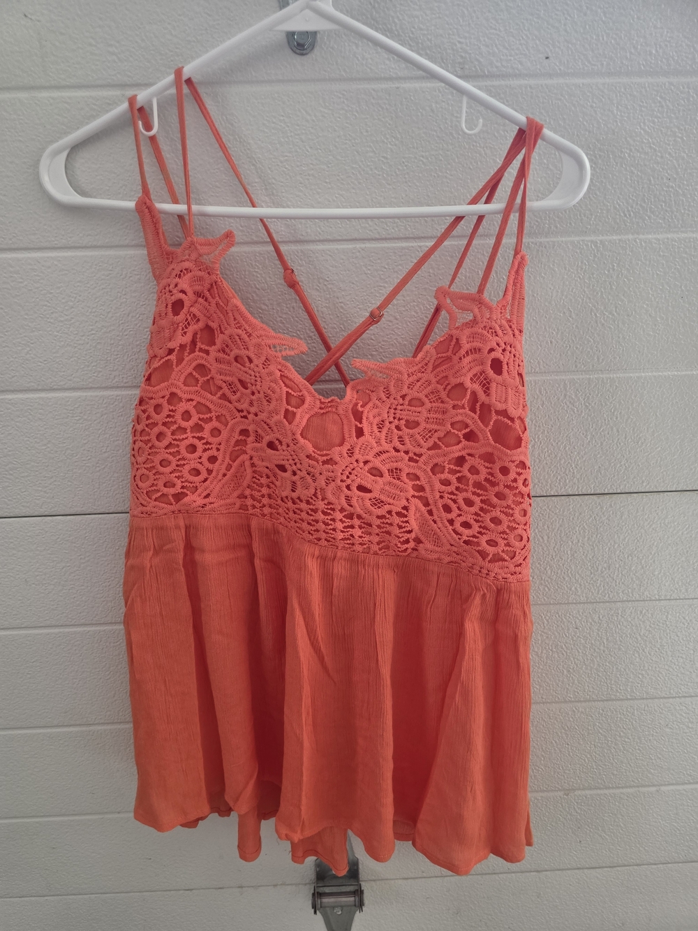 Crochet-Front Strappy Cami Top - Coral